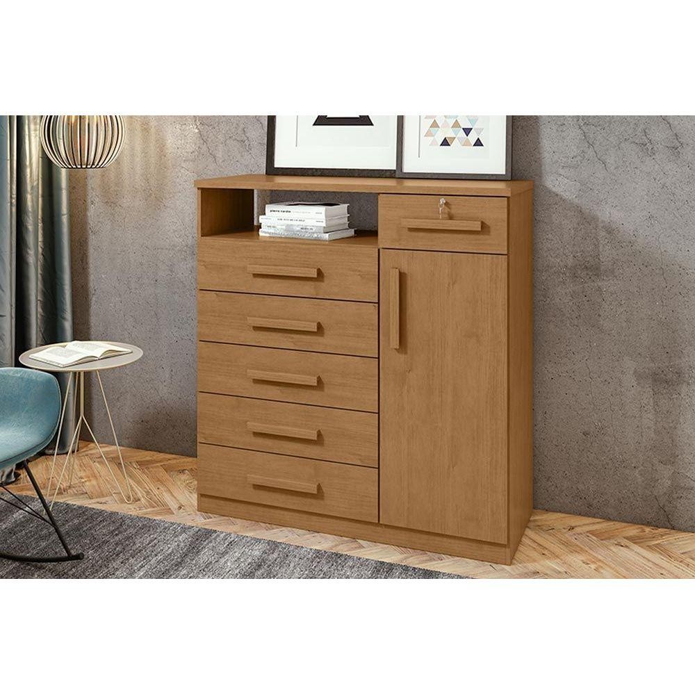 Cômoda de Quarto Da Vinci New c/ 1 Porta 1 Nicho e 6 Gavetas Amêndoa - Lopas