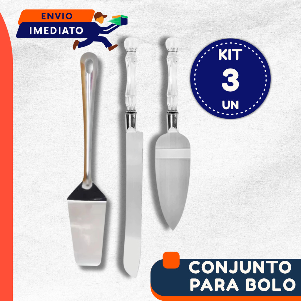 Conjunto para Bolo Inox Faca e Espátula Cabo Acrílica e Inox 3 Peças