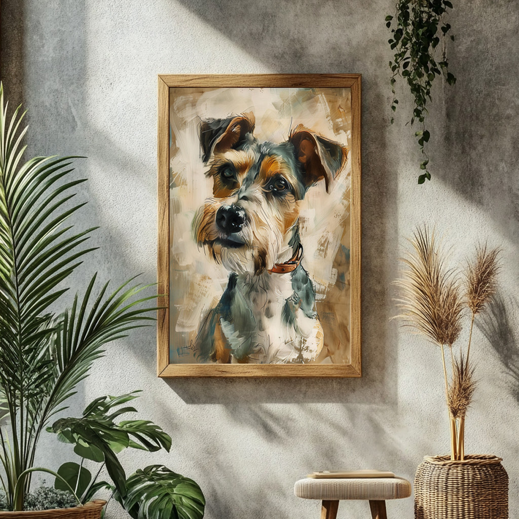 Quadro Com Moldura Cachorro Terrier Pintura Moderna Cão Marrom Preto Branco Decorativo Animal Pet