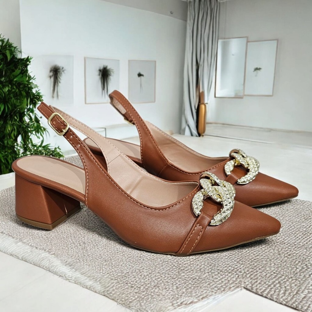 Scarpin Bico Fino Aberto Atras Slingback Salto Baixo Confort