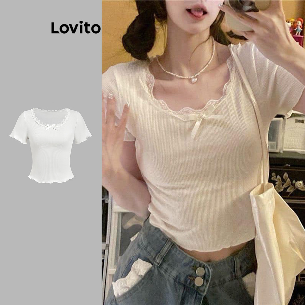 Lovito Camiseta Fofa Com Babados E Laço De Verão/Primavera Para Mulheres L120ED1245