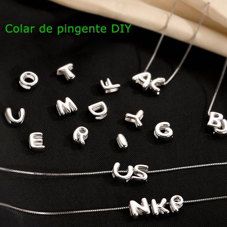 Colar com pingente AZ com letra gravada · Colar com letras incrustadas revestidas de prata 925 · Colar de pérolas DIY