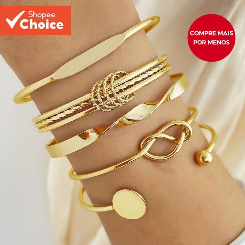 Conjunto De Pulseira De Torção Geométrica 5 Peças Para Mulheres Minimalista Empilhável Pre...