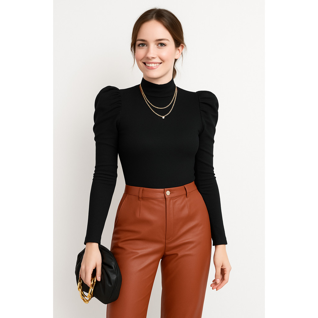 blusa feminina lisa canelada gola alta manga longa princesa blogueira