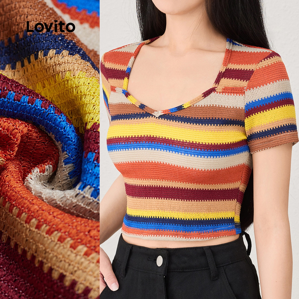 Lovito Camiseta feminina Casual com listras arco-íris Colorblock L124AD195 - Women Clothes