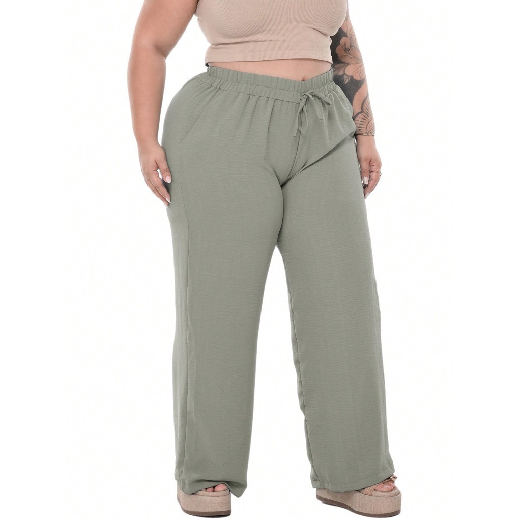 Calça Pantalona Plus Size Feminina Duna Com Bolso Cintura Alta Duna Elástica
