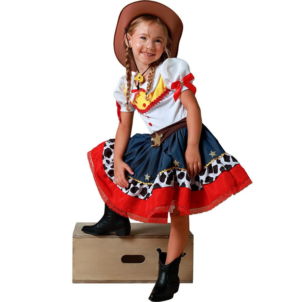 Detalhes do Fantasia Jessie Infantil pra Menina Vaqueira Toy Story Luxo com Chapéu