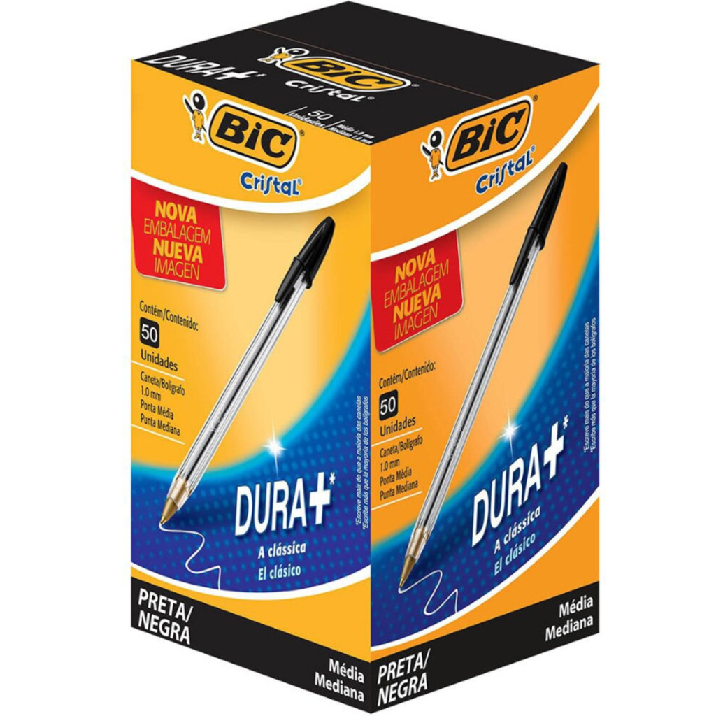 KIT Caneta Esferográfica 1.0mm Cristal Dura+ Preta Bic - Caixa Com 50 Unidades