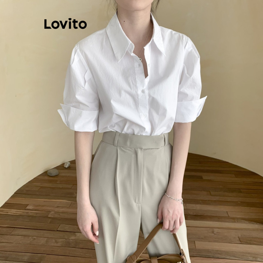 (Trendy) Lovito Blusa Elegante Com Botão Frontal E Botão Frontal Blusa De Manga Enrolada Para Mulheres L77ED184 - Women Clothes