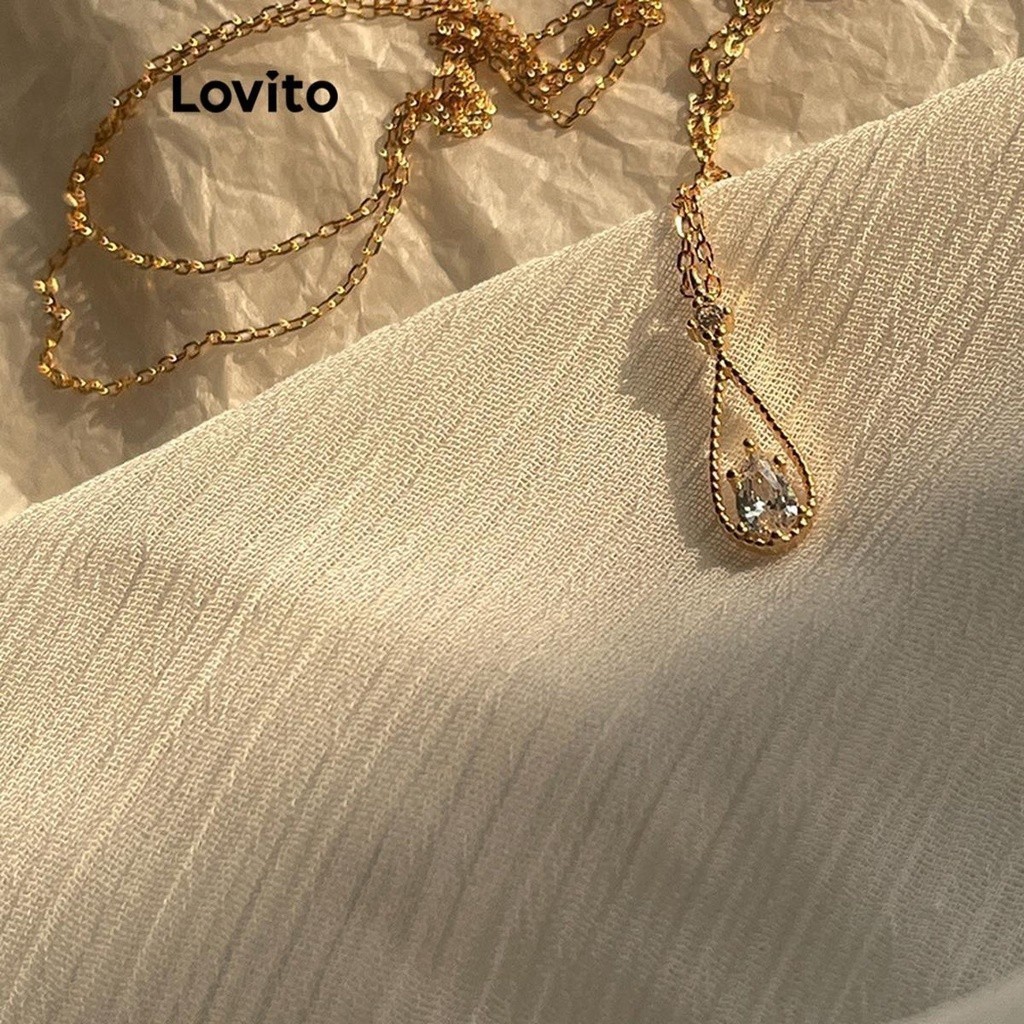 (Trendy) Lovito Colares Corrente Lisa Strass Gotas De Água Colares De Temperamento Francês Para Mulheres LFA09627 - Fashion Accessories