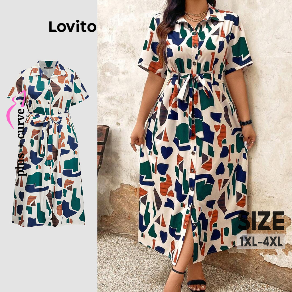 (Trendy) Lovito Vestido Curva Plus Size Elegante Com Padrão Geométrico Para Mulheres LBL18320 em Oferta na Shopee