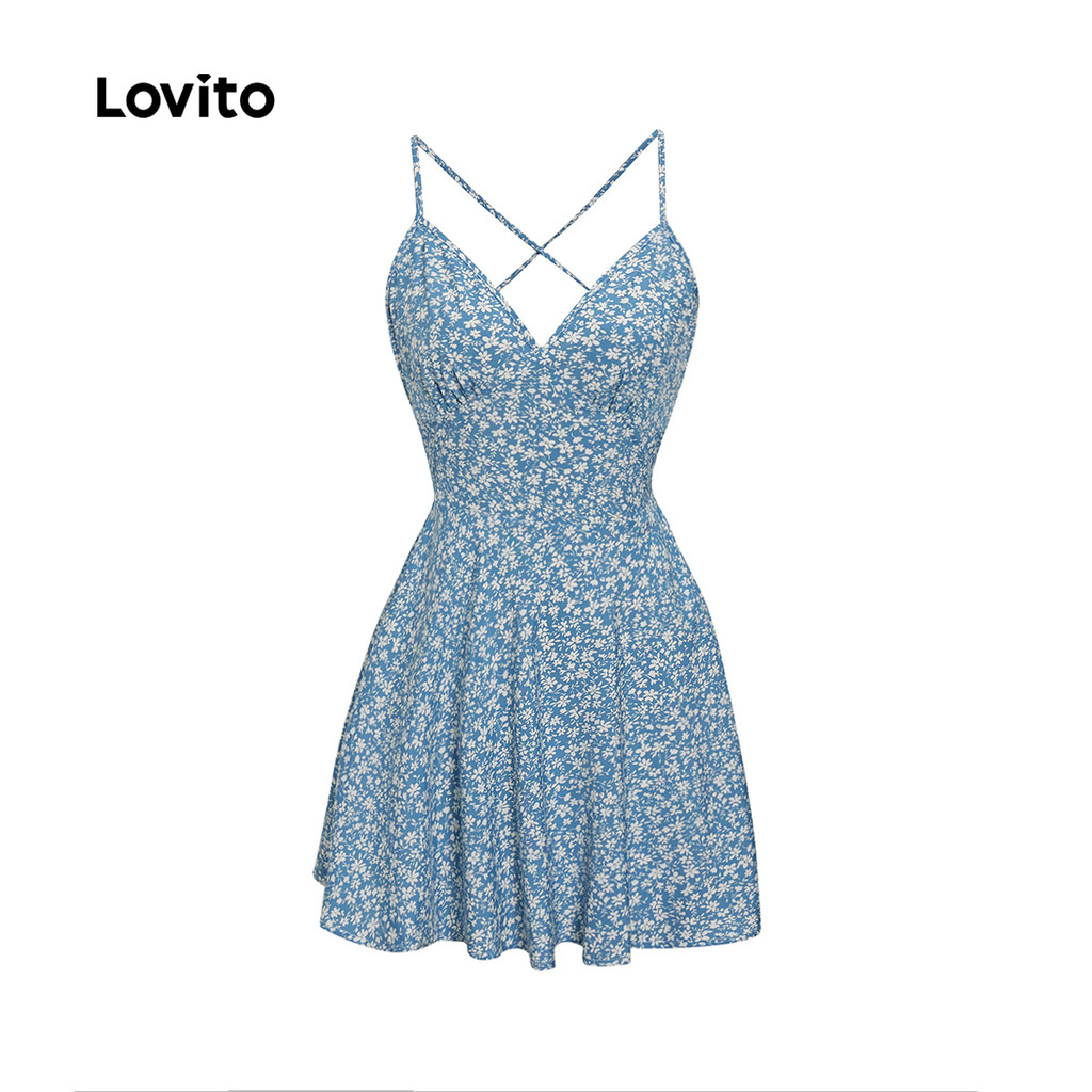 Lovito Vestido Boho Ditsy Floral Tie Back Recortado Vestido Linha A Para Mulheres L68ED192  (Azul/Preto) - Women Clothes