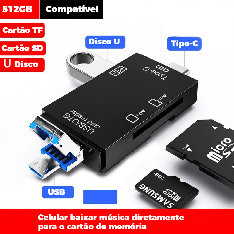 Leitor OTG Multiportas 6 em 1 – USB, Tipo-C, TF, Micro USB, Adaptador Alta Velocidade para Celular e PC