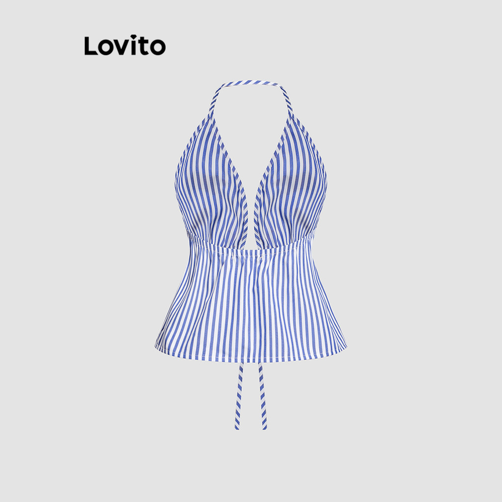 (Trendy) Lovito Vintage Listrado Ruched Tank Top para Mulheres L114AD122 em Oferta na Shopee