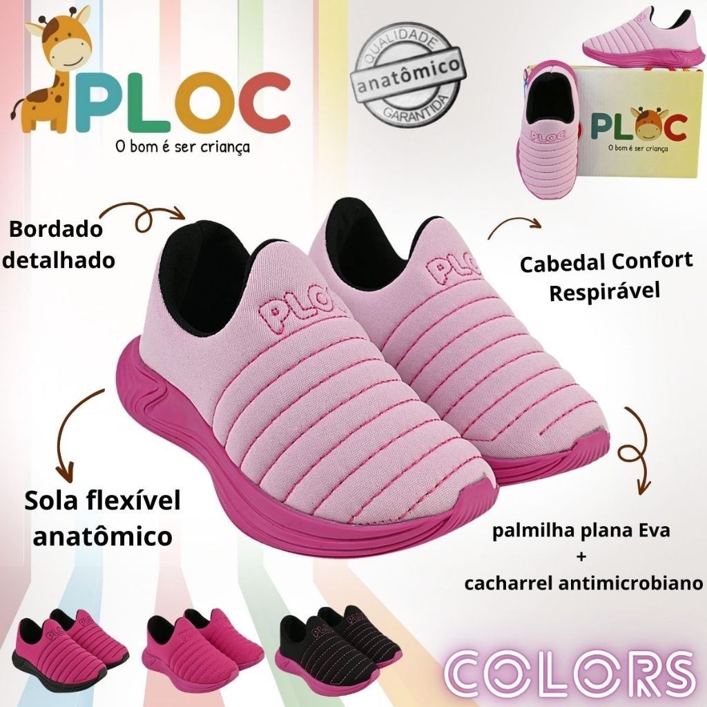 Tênis Ploc Colors Infantil Menina Calce Fácil Jogging Anatômico Rosa