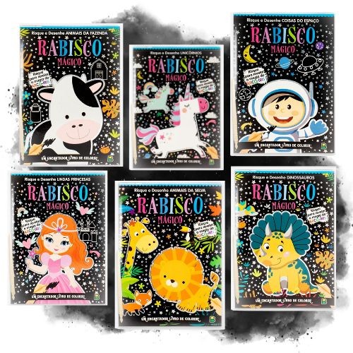 Kit Rabisco Mágico Aventuras Encantadas: Dinossauros, Espaço, Selva, Fazenda, Unicórnios e Princesas