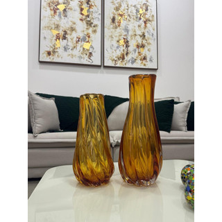 Kit 2 Vasos Ambar  Decorativo Vidro Elegante Murano 15x37cm X 13x29cm Murano