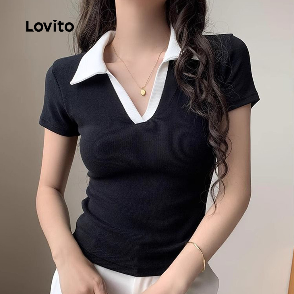 (Trendy) Lovito Camiseta Casual Lisa Colorblock Primavera/Verão Preta Para Mulheres LNL103380 - Women Clothes