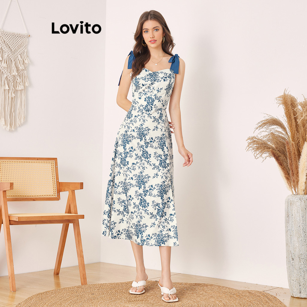 Lovito Vestido Casual Floral Contraste Linha Dividida Frente Verão/Primavera Vestido Para Mulher L56ED110 - Women Clothes