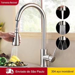 Torneira Para Cozinha Gourmet Misturador Monocomando Rotação de 360° Em Aço Inox Escovado