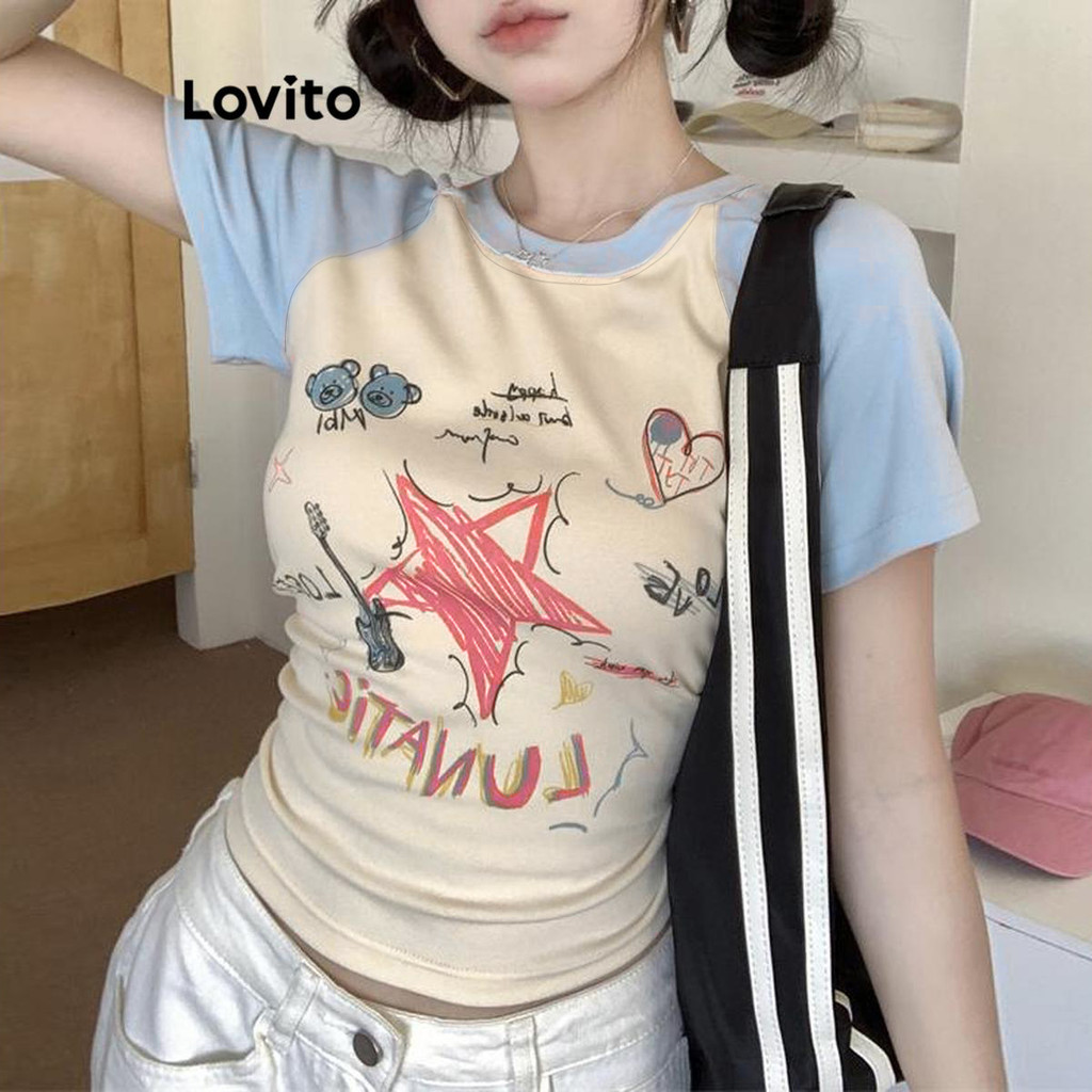 Lovito Camiseta Casual Verão/Primavera Desenho Animado Colorblock Padrão Camiseta Feminina LNA45264 - Women Clothes