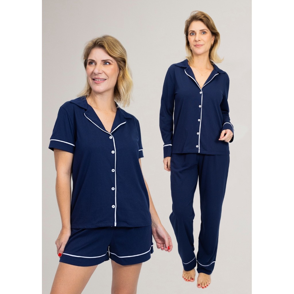KIT 1 Pijama Americano Curto + 1 Pijama Americano Longo Algodão - Marinho