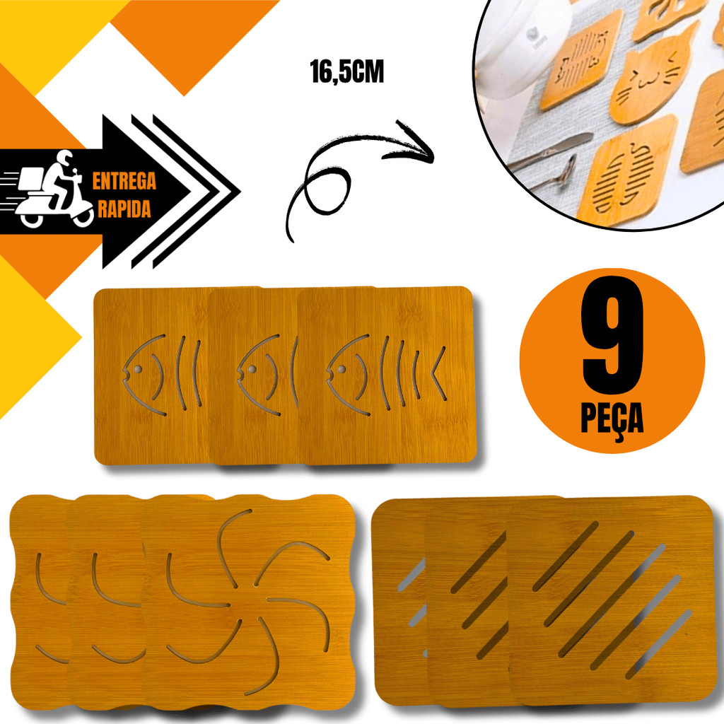 Jogo de 9 Descansos de Panela Bamboo Bambu Mdf Linha Premier Descanso Alta Qualidade Desenhos Variados  Quadrado 16,5CM