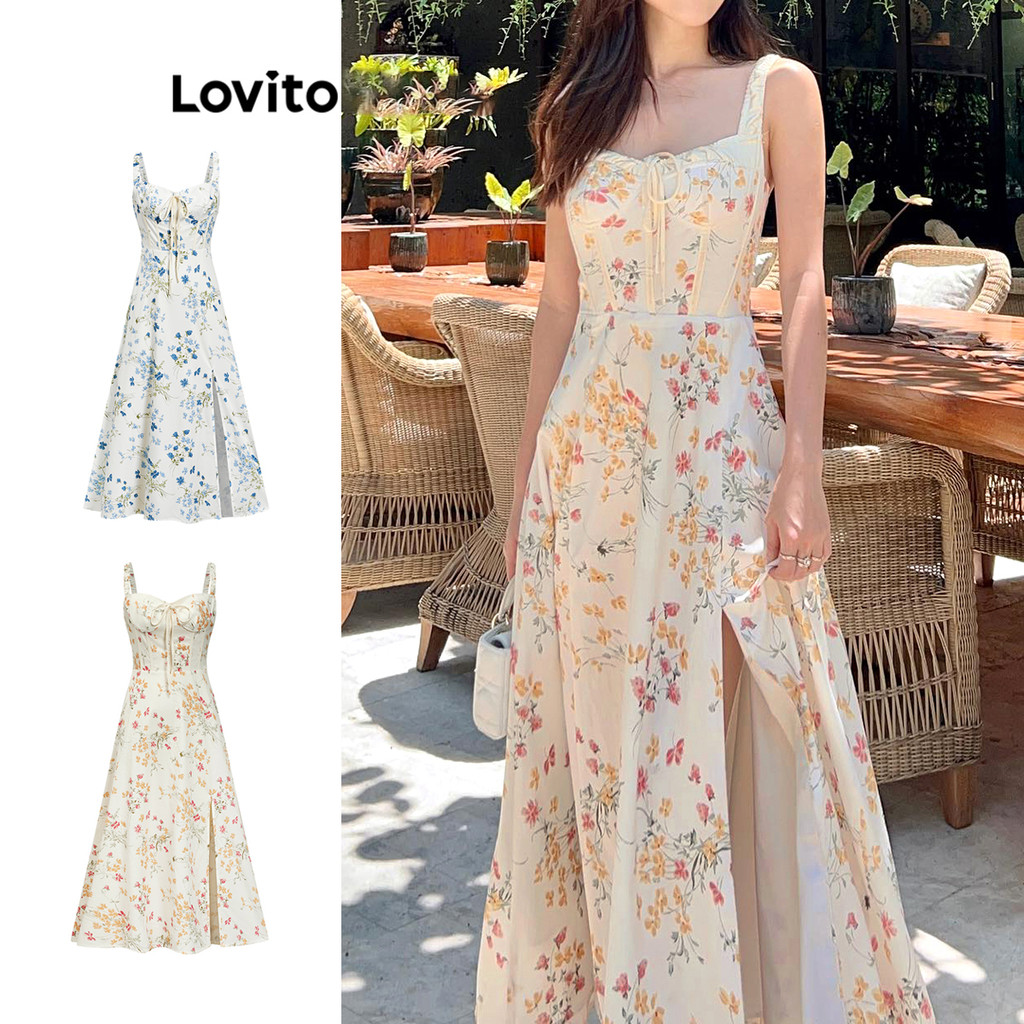 Lovito Vestido Elegante Ditsy Floral Estrutura Linha Lace Up Vestido Dividido Para Mulhere...