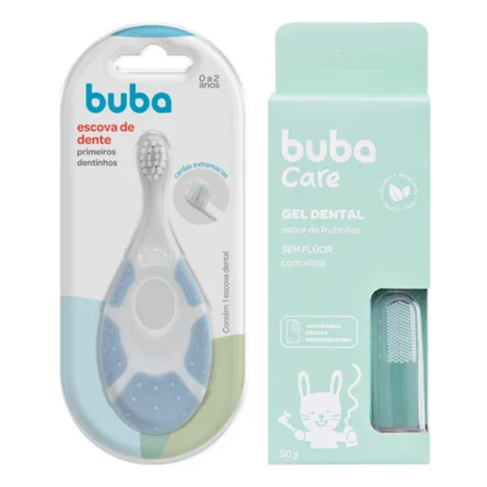 Kit Escova De Dente Azul Primeiros Dentinhos e Gel Dental C/ Escova Massageadora – BUBA