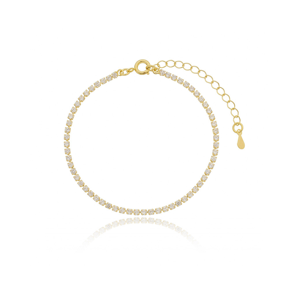 Pulseira Riviera Feminina Banhada A Ouro Cravejada Com Zircônias Brancas 2mm Com Extensor