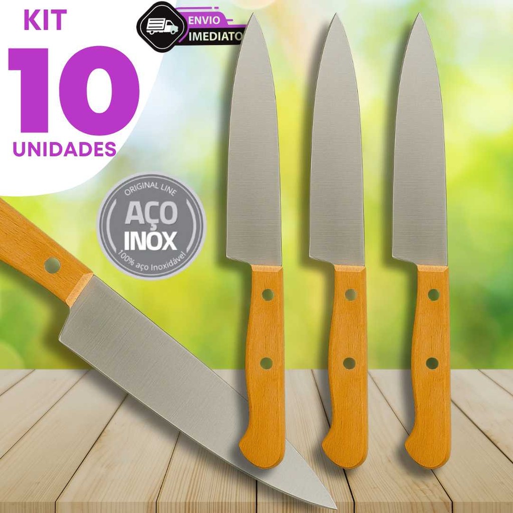 Jogo 10 Faca Inox de Madeira 7" Carne Cozinha Doméstico Churrasco Profissional Frutas Aço Inoxidável