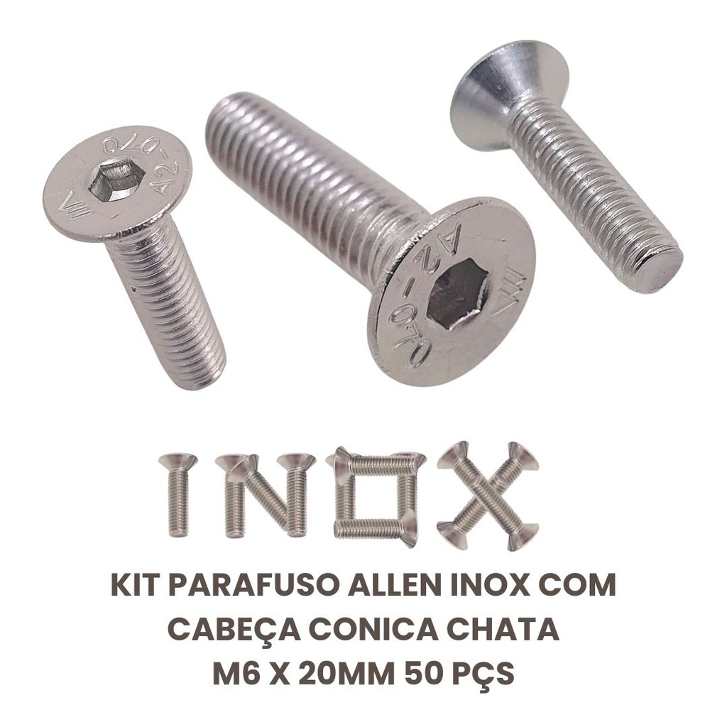 Parafuso Allen Inox Com Cabeça Conica Chata M6 X 20mm 50 Pçs