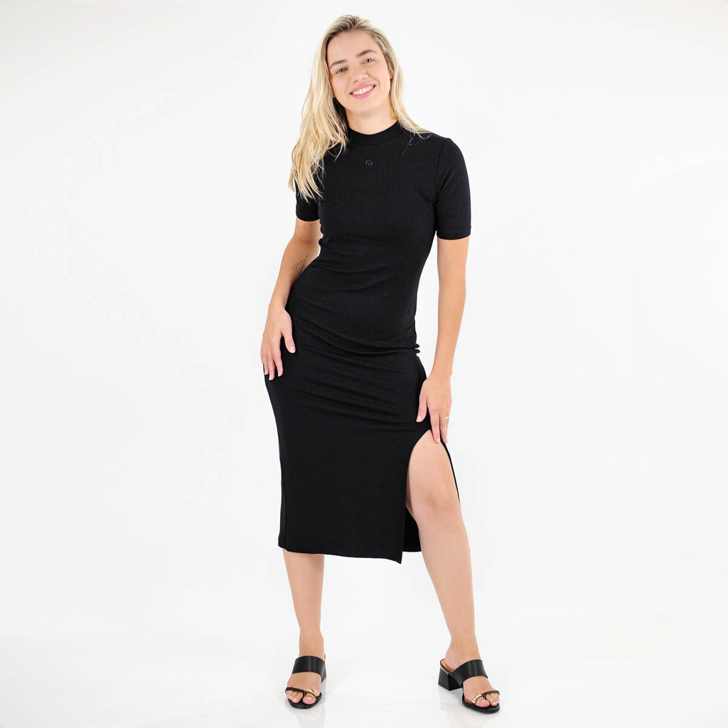 Detalhes do Vestido Colcci Slim Canelado C/Manga Preto - Feminino
