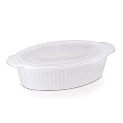 Travessa Oval Canelada com Tampa 2,5L Branco para Cozinha Preparo de Alimentos Uso Doméstico
