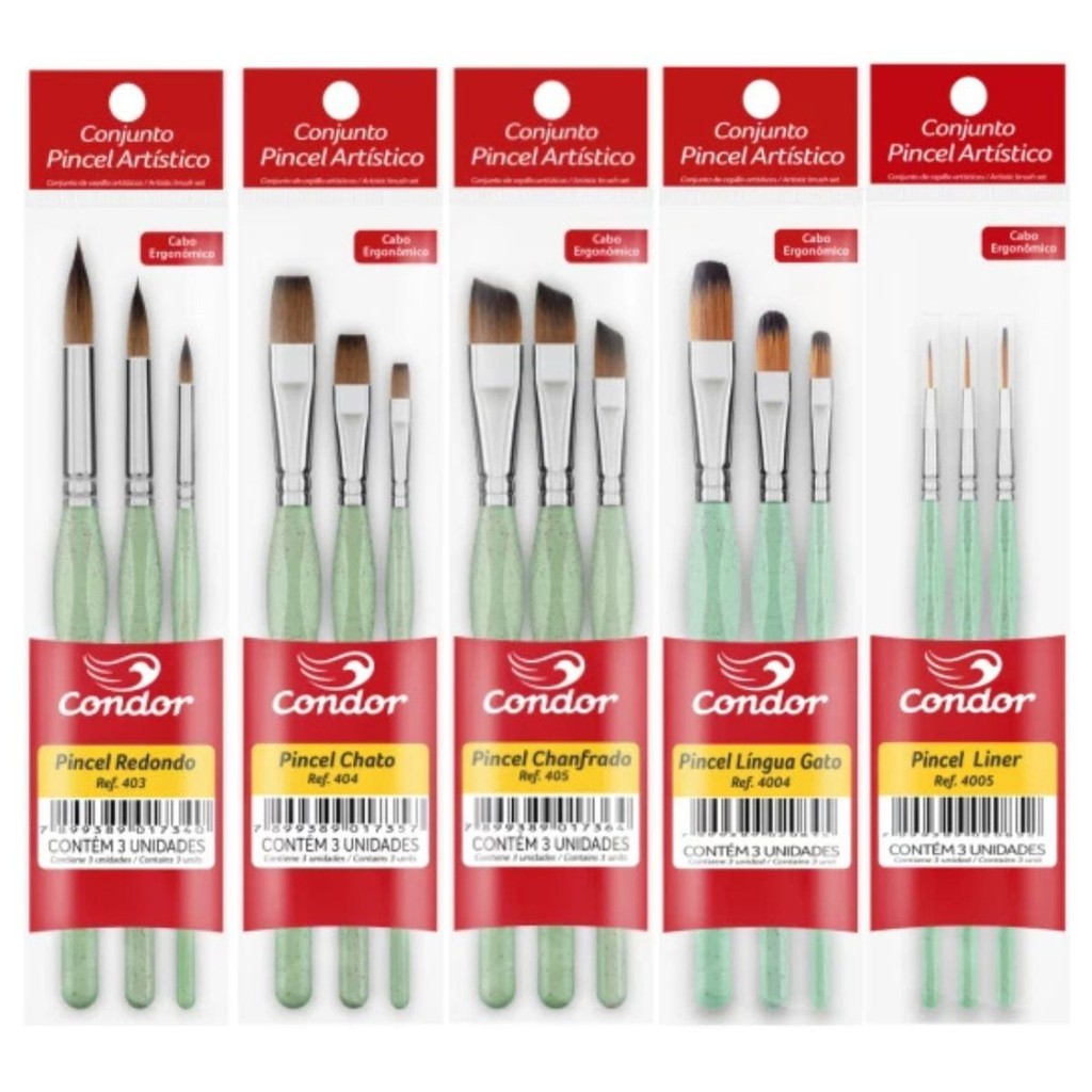 Kit com 15 Pincéis Artísticos Ergonômicos Variados - Condor