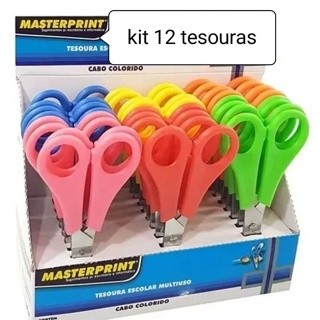 Tesoura Escolar Papelaria Caixa com 12 Unidades 13cm Sem Ponta Cabo Colorido Masterprint