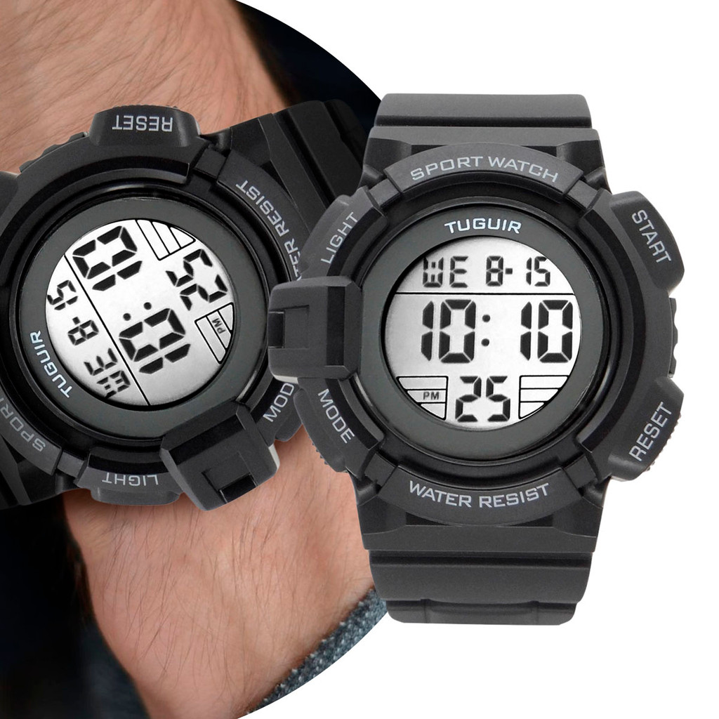 Relogio Masculino Digital Preto Esportivo com Pulseira de Silicone Resistente à Água 5 ATM Shock Tático Tuguir Original