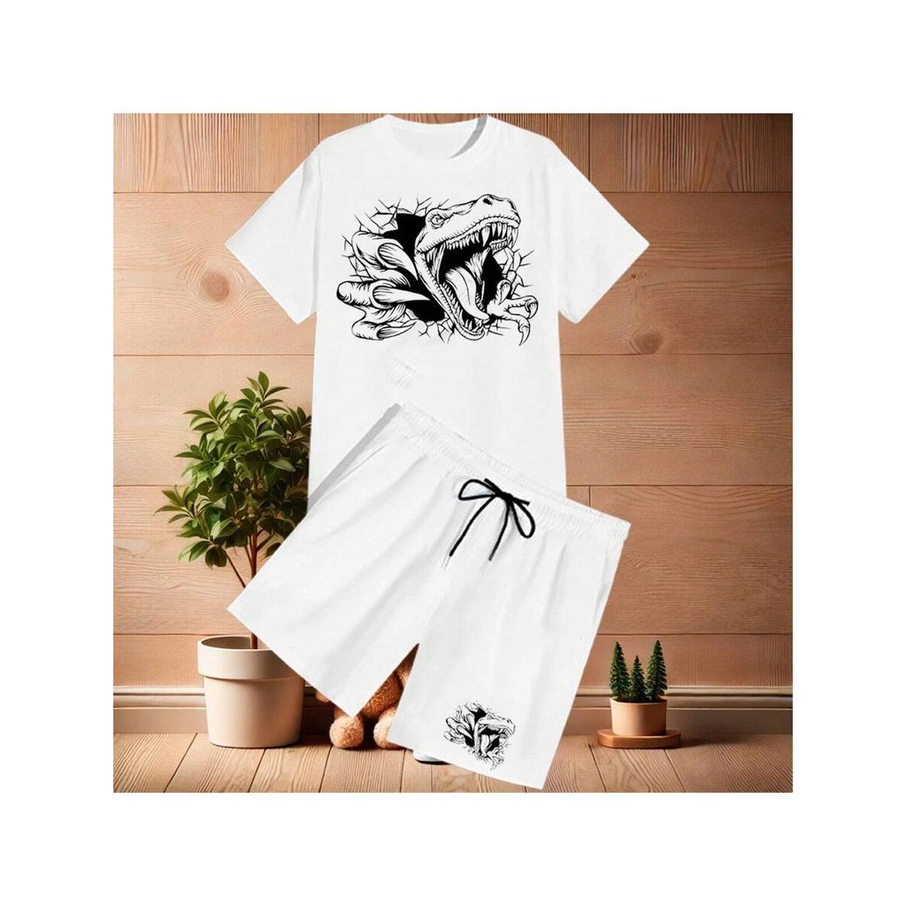 Conjunto De Camiseta E Shorts Casual Infantil Para Meninos Estampa Personalizada De Dinossauro Adequado Para O Verão
