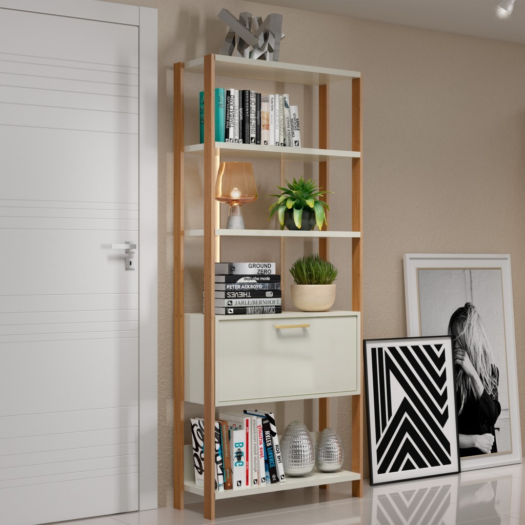Estante para Livros 1 Porta Industrial Off White/Freijó - Dalla Costa em Oferta na Shopee