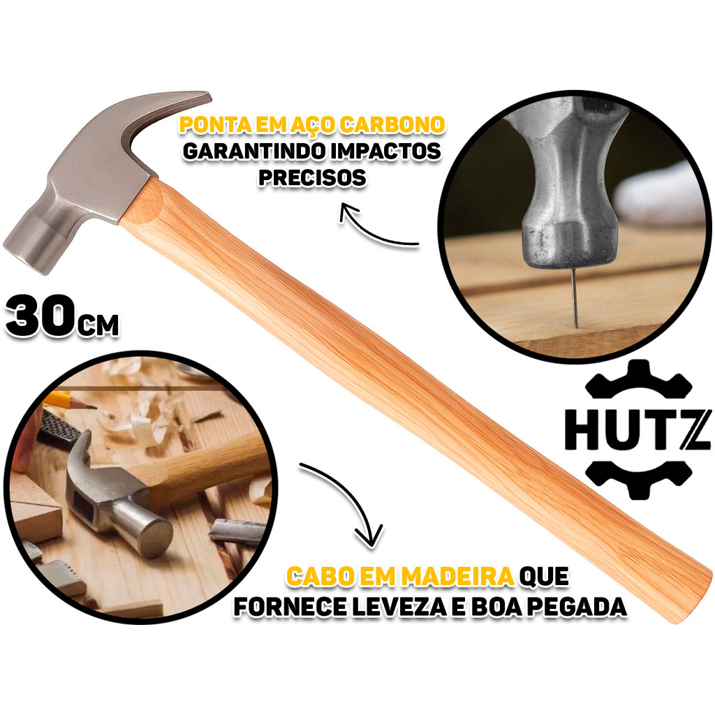Martelo Unha Aço 30cm Carpintaria Marcenaria Construção Reparos Cabo Longo Madeira Hutz - Home & Living
