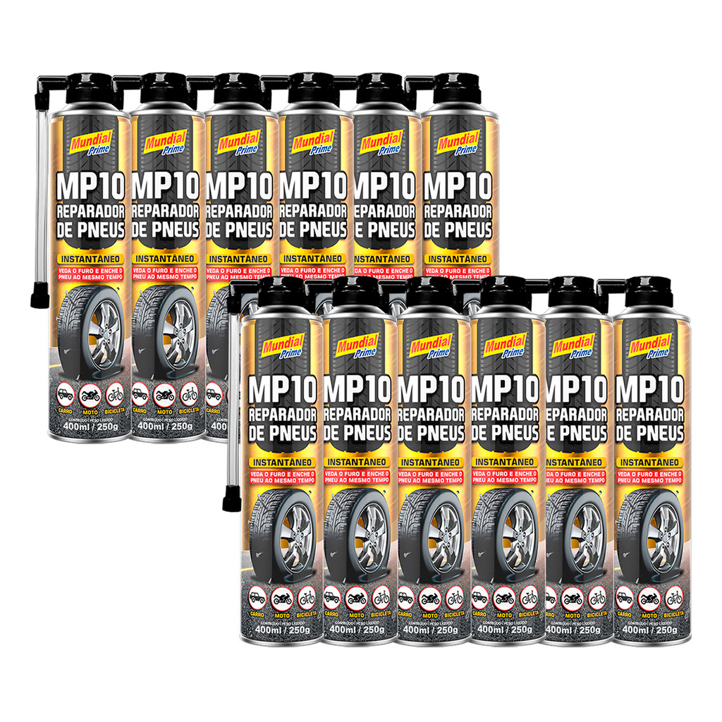 Kit 12un Reparador de Pneu Spray Carro Moto Bicicleta 400ml MP10 Mundial Prime Pneu Furado Segurança