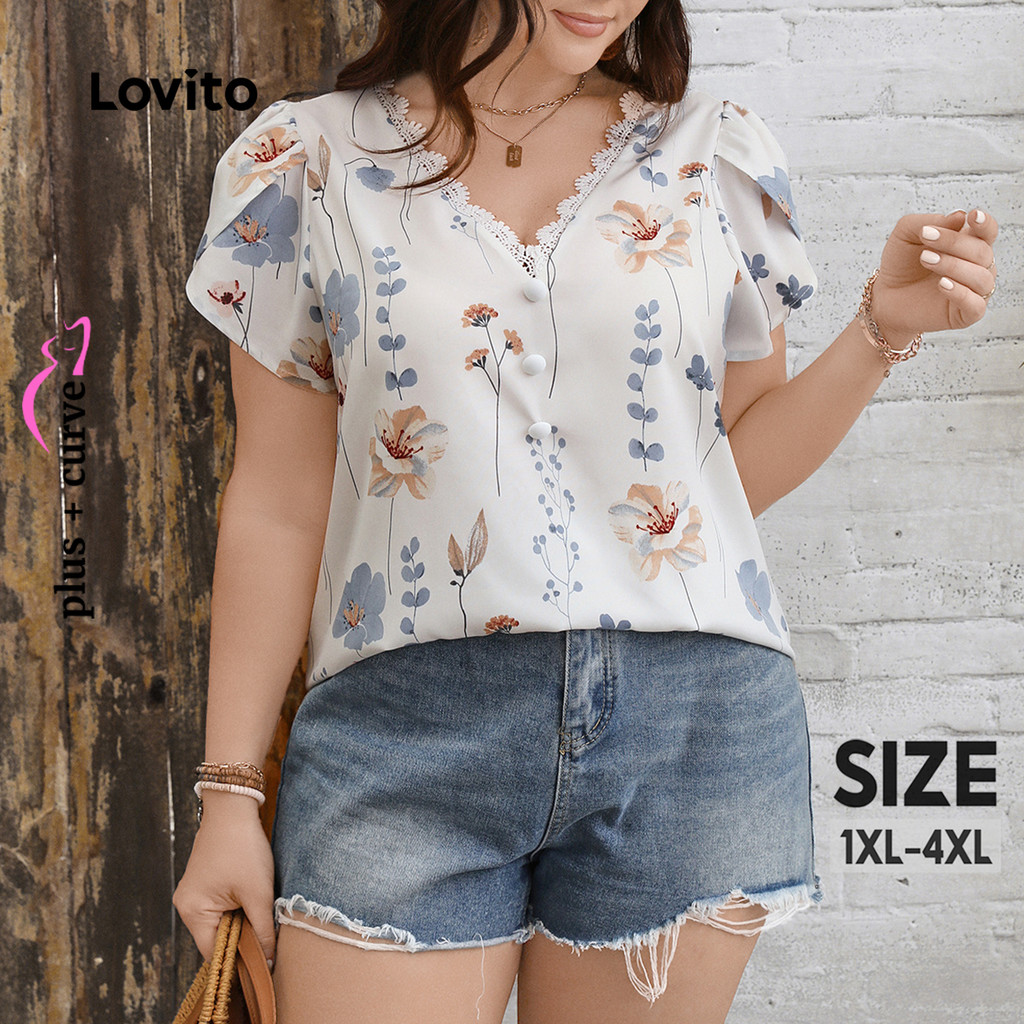 Lovito Blusa feminina Casual Casual com babados exagerados e florais Plus Size LNE97010 - Women Clothes