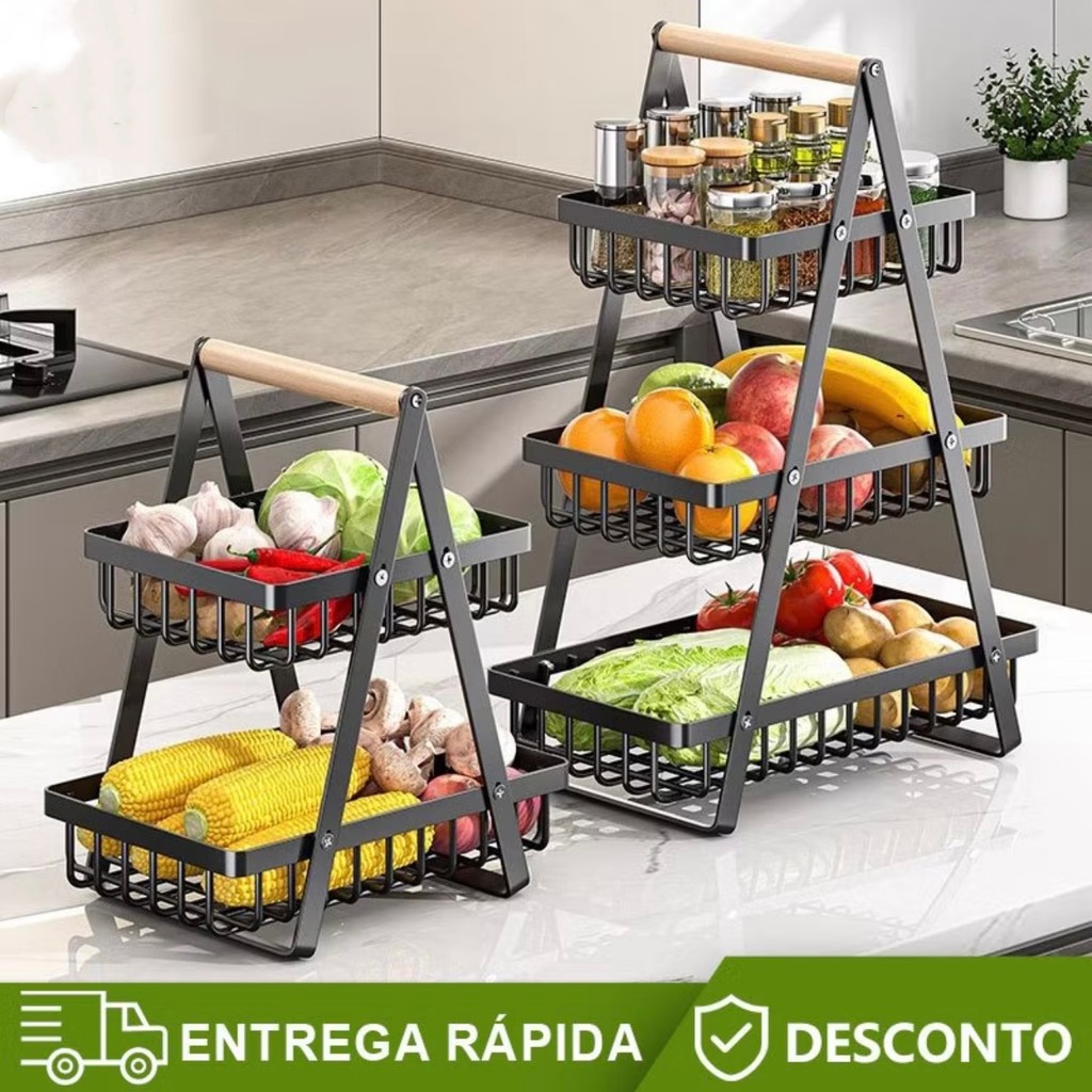 Cesta de frutas em arame com 2 e 3 camadas de metal, suporte multiusos para armazenamento ...