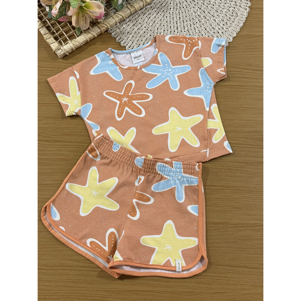 Conjunto Infantil Menina Elian com Shorts e Blusa Laranja Fundo do Mar