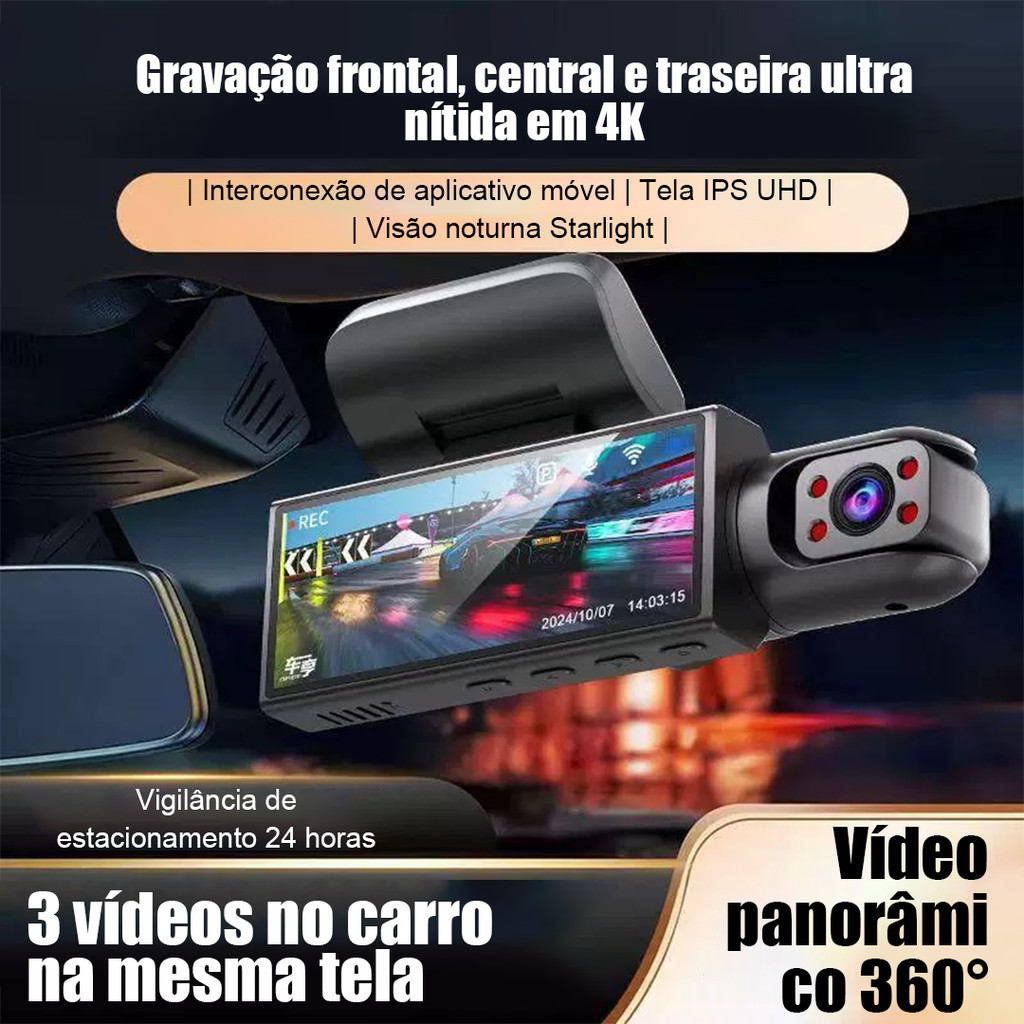Câmera Veicular 360° V9 com 3 Lentes HD, Visão Noturna, Estacionamento, Sem Fios, Gravação...