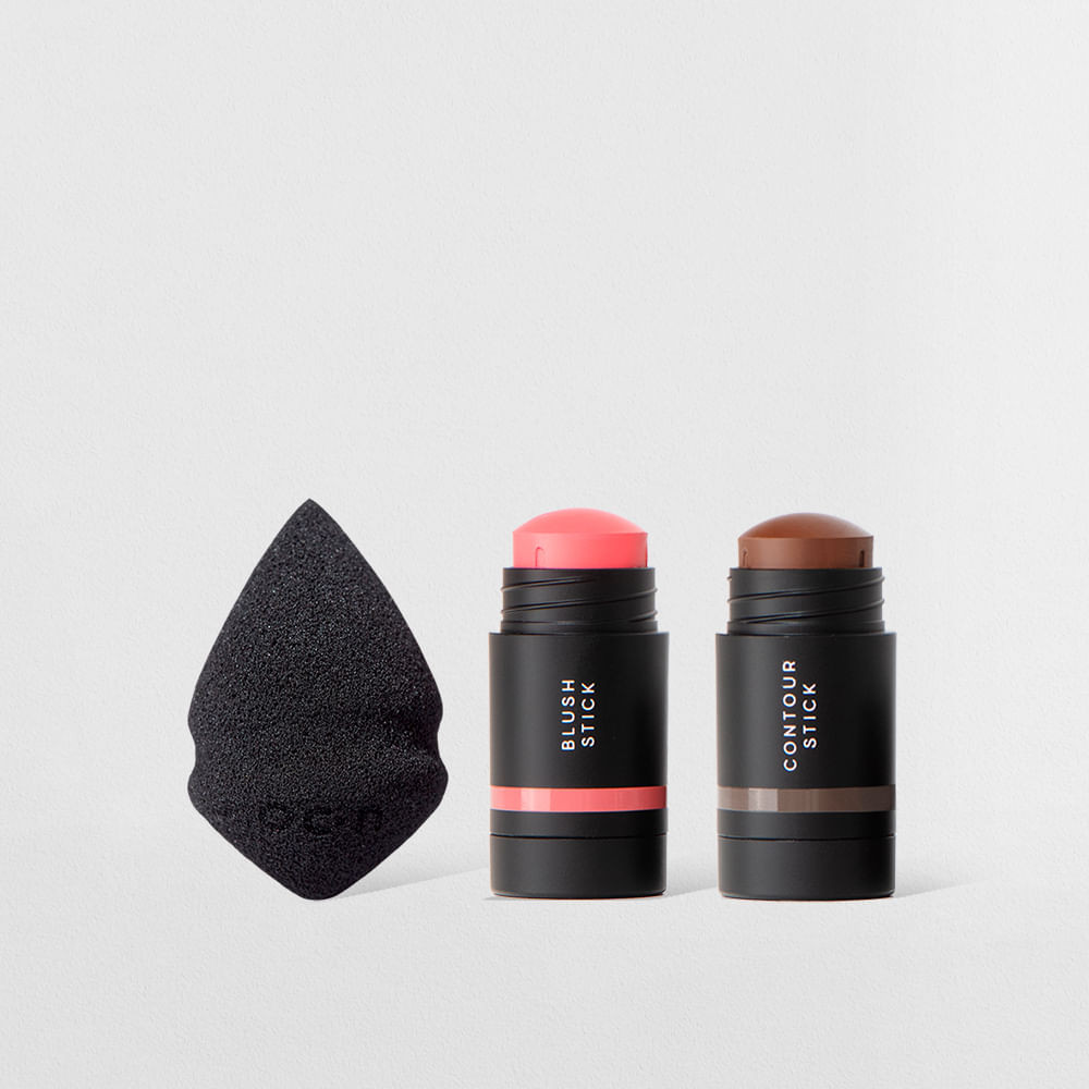 Kit Mini Blush Bastão Rosa + Mini Contorno Bastão Marrom Escuro + Mini Esponja Maquiagem Océane Edition (3 Produtos)