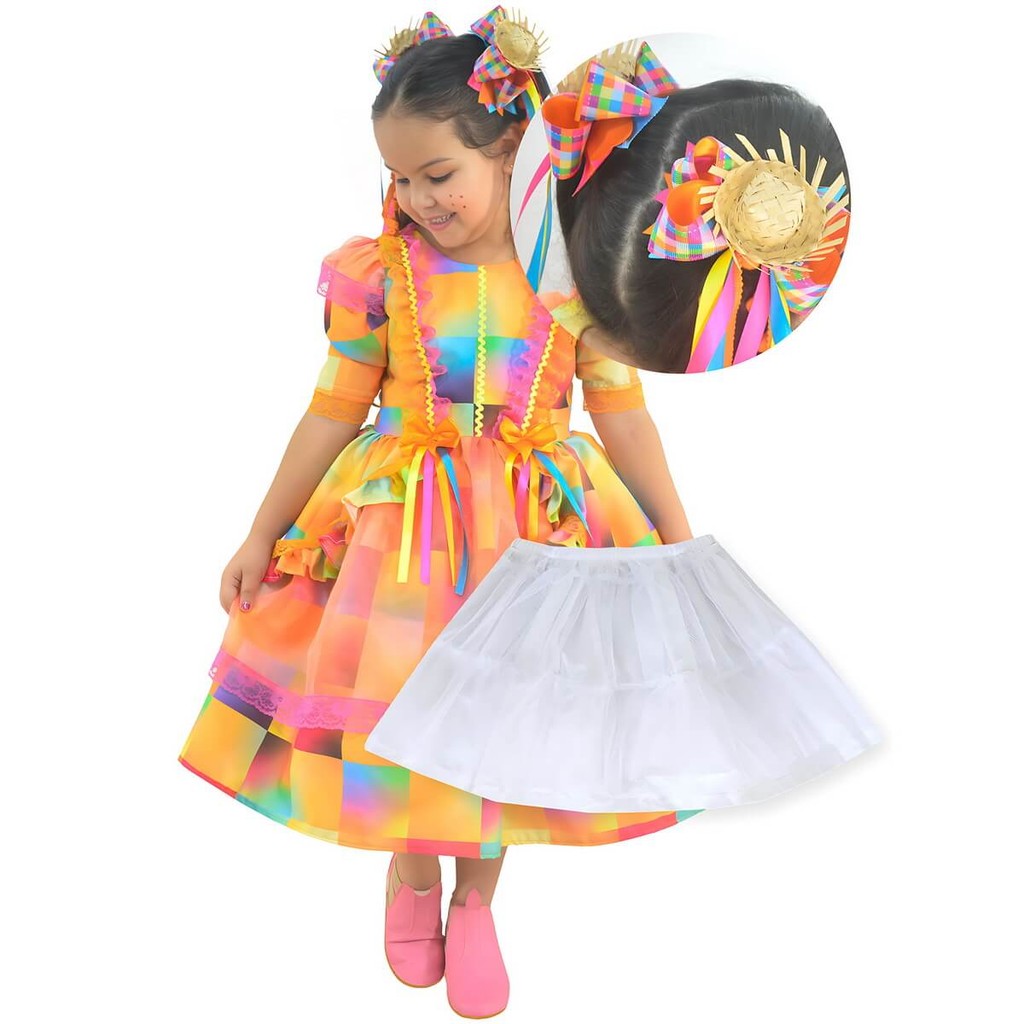 Vestido Festa Junina Xadrez Laranja Neon + Saia Tutu + 2 laços de Cabelo