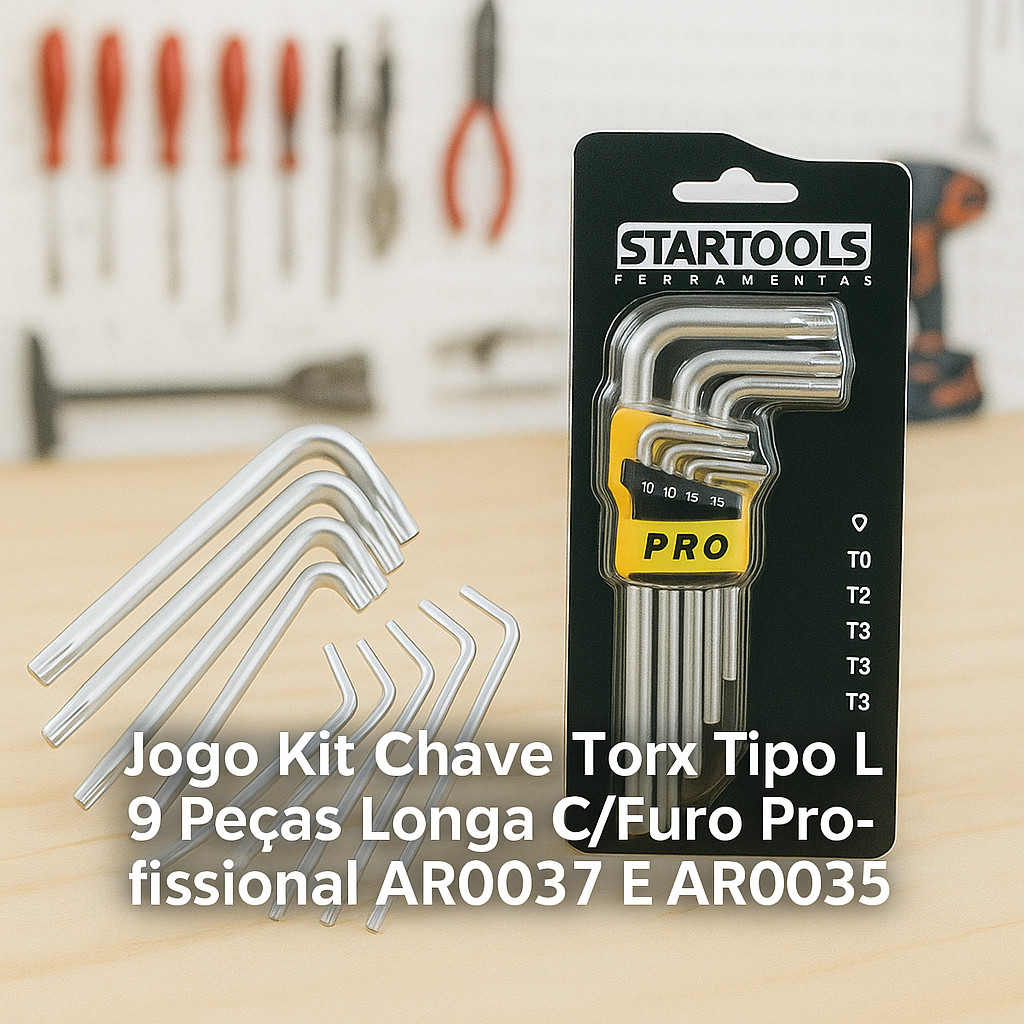 Kit Chave Torx Tipo L Longa com Furo 9 Peças para Profissional Eletrônicos, Motos e Reparo