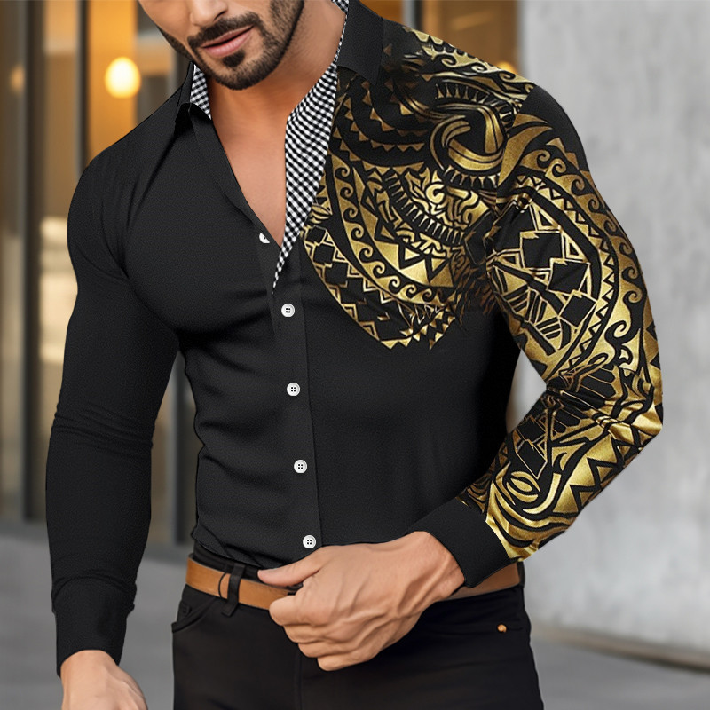 Nova camisa masculina de manga comprida moda masculina lapela dourada camisa impressa