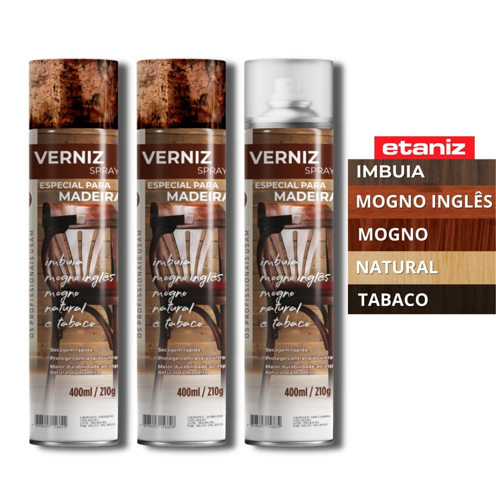 Spray Verniz 400ml Etaniz - Imbuia, Mogno, Tabaco, Transparente e Mogno Inglês em Oferta na Shopee